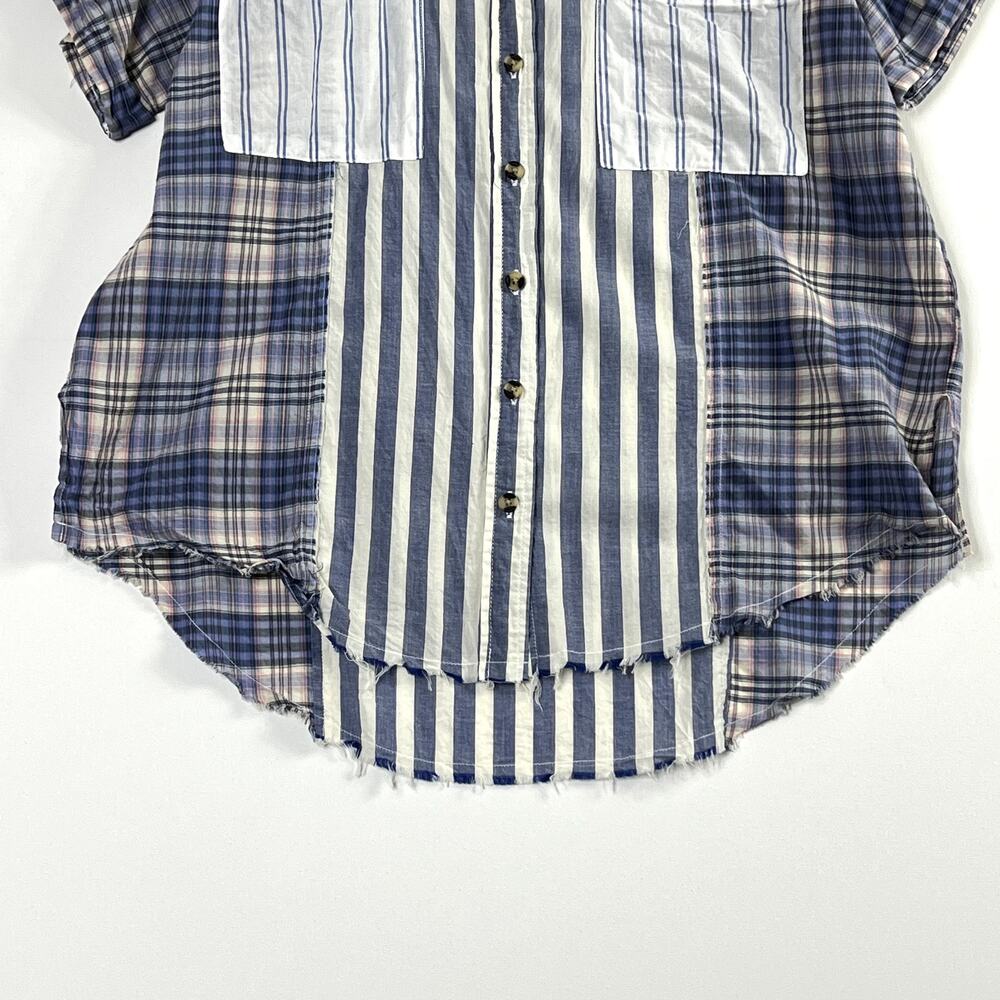 BDG Stevie Spliced Button Down Shirt Short Sleeve Relaxed Blue Womens Small - Picture 6 of 12